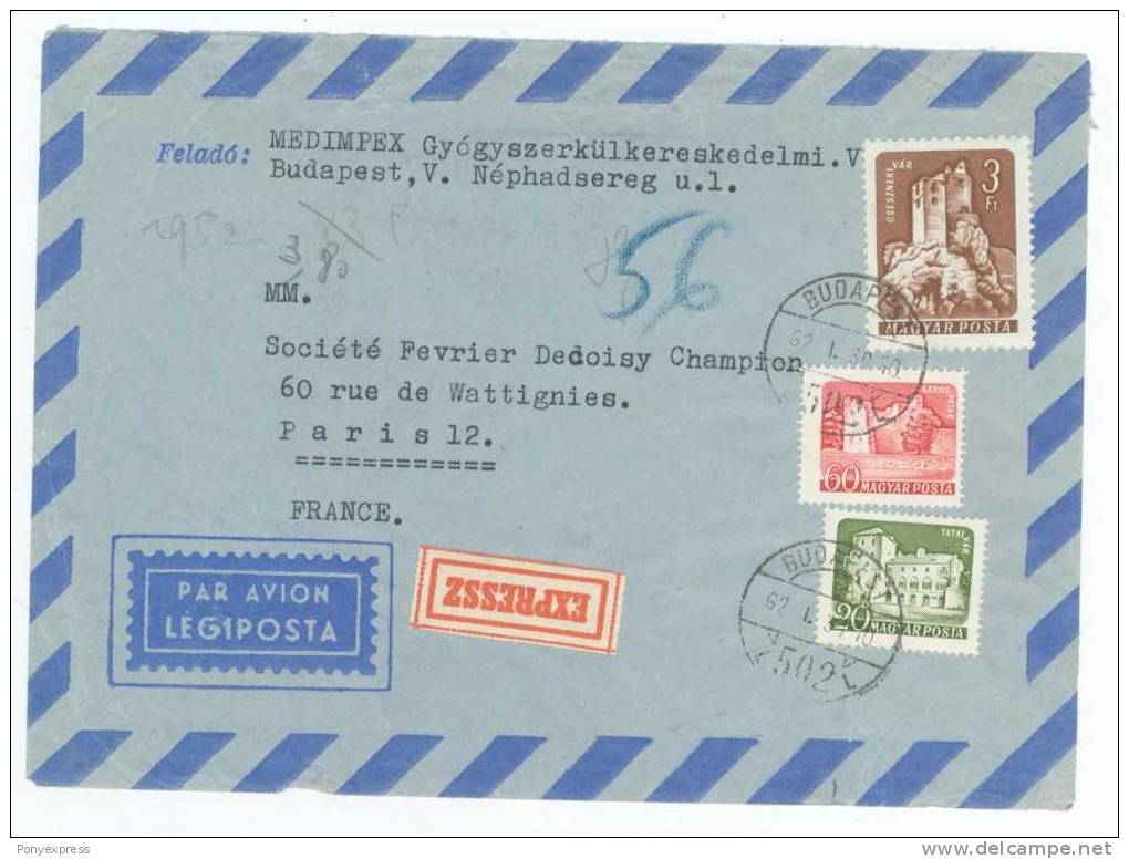Lettre Exprès Par Avion 1962 Budapest / Paris - Postmark Collection