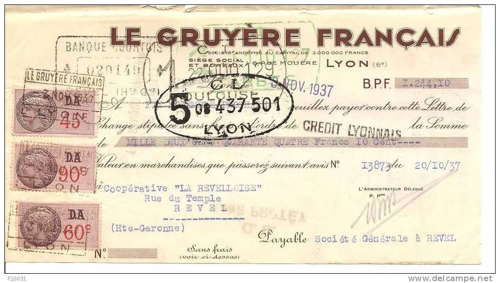 LETTRE DE CHANGE  LE GRUYERE FRANCAIS - Andere & Zonder Classificatie