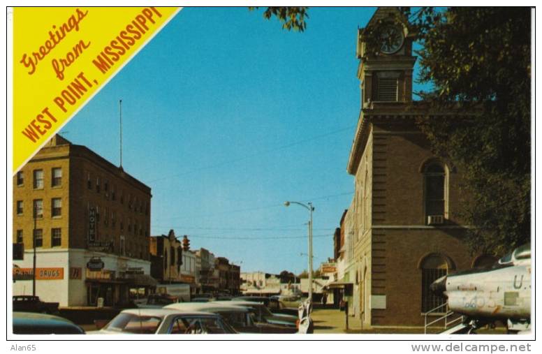 West Point Mississippi Chrome Street Scene Commerce Street, US Jet Fighter F-86L Visible - Andere & Zonder Classificatie