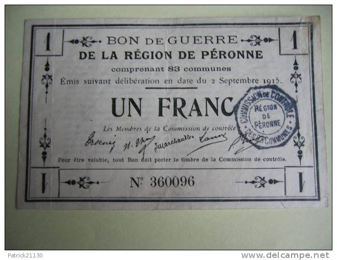 PERONNE   1F  BON DE GUERRE 1915 - Cámara De Comercio