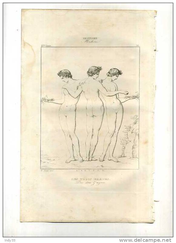 - LES TROIS GRACES  (PEINTURE ROMAINE) . GRAVURE AU TRAIT DU XIXe S. - Estampes & Gravures