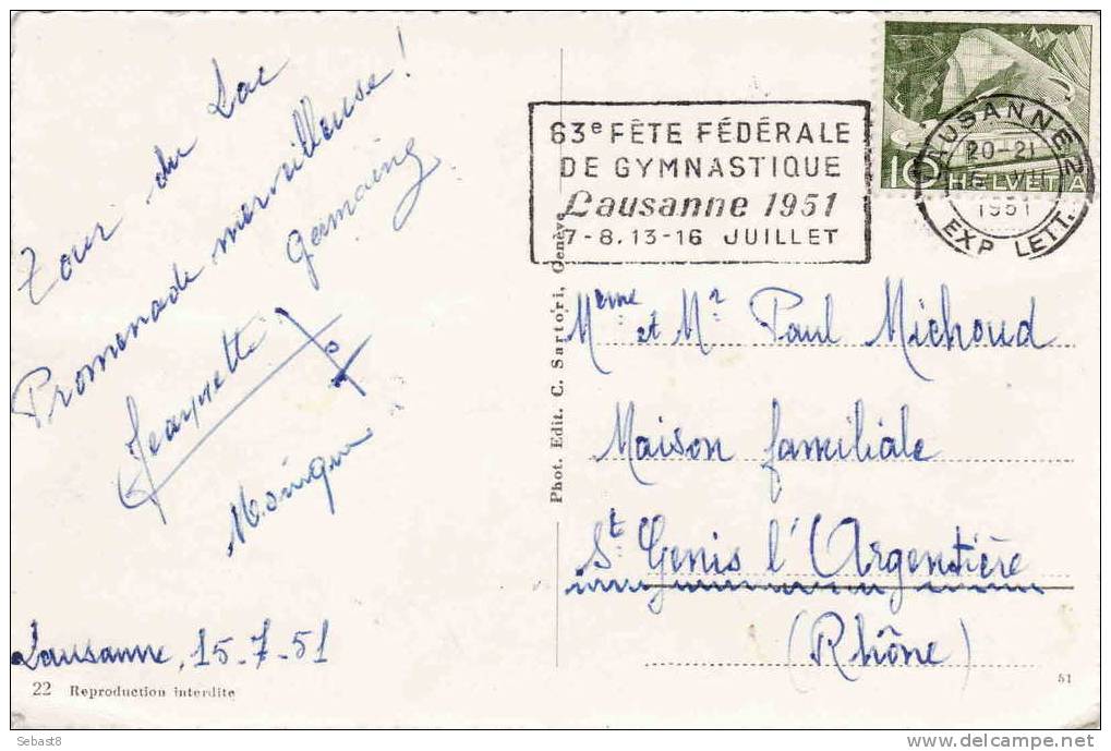 63° FETE FEDERALE DE GYMNASTIQUE LAUSANNE 1951 - Frankiermaschinen (FraMA)