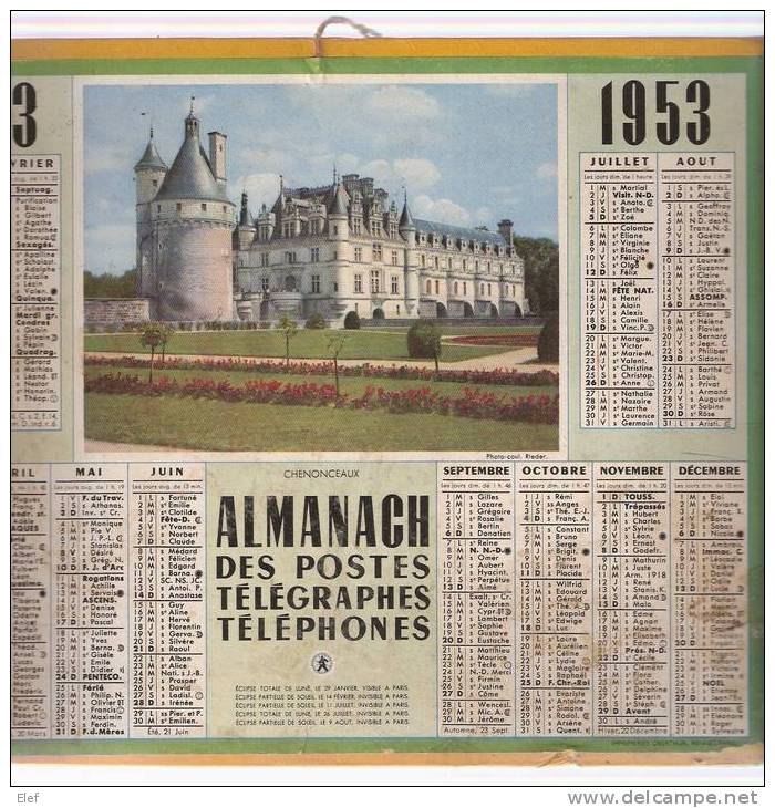 Calendrier Almanach Des PTT 1953  Oberthur (Gironde) " Chenonceaux " ;B/TB - Big : 1941-60