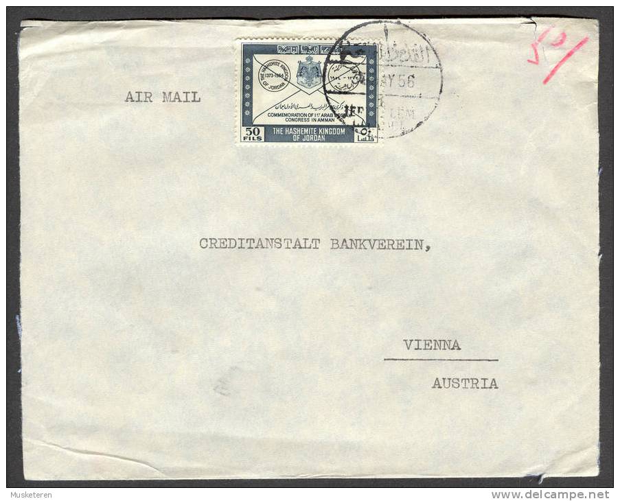 Jordan Kingdom Of, Arab Bank Ltd. Airmail Deluxe Jerusalem Cancel Cover 1956 To Austria Arab Postal Congress Stamps - Jordan