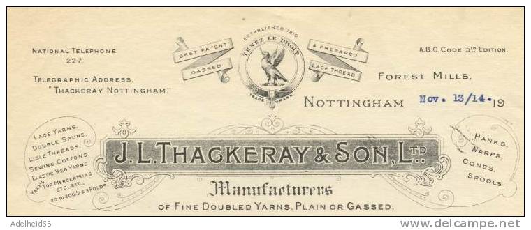 Order Confirmation Gassed Yarns, 1920´s Thackeray & Son, Forest Mills, Nottingham, Fine Doubled Yarns, Plain Or Gassed - Ver. Königreich