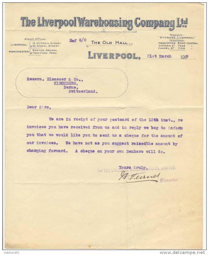 Payment Request 1919 The Liverpool Warehousing Company, The Old Hall,for Elsasser, Kirchberg, Switzerland - Zwitserland