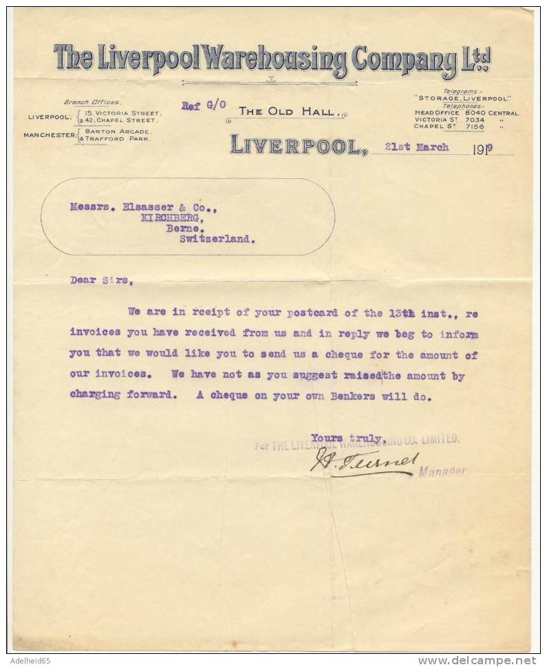 Payment Request 1919 The Liverpool Warehousing Company, The Old Hall,for Elsasser, Kirchberg, Switzerland - Schweiz