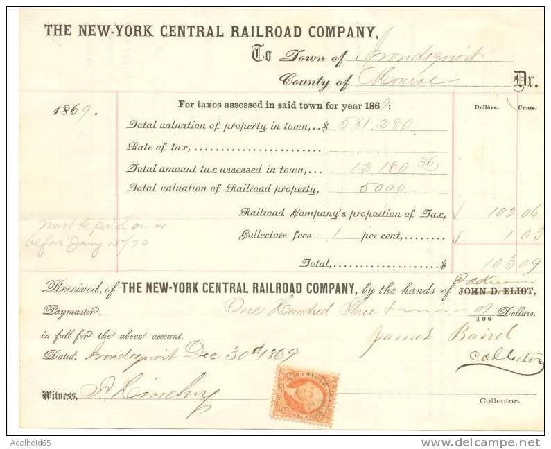 Facture, Factuur, Invoice, Rechung, 1869 New York Railroad Company, Chemins De Fer, Spoorwegen, Eisenbahn - Etats-Unis