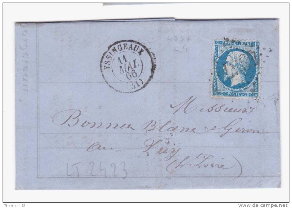 LT2423  N°22/Lettre De YSSENGEAUX (41)ind 4, Oblit GC 4357 Pour Le PUY EN VELAY(41) - 1862 Napoléon III