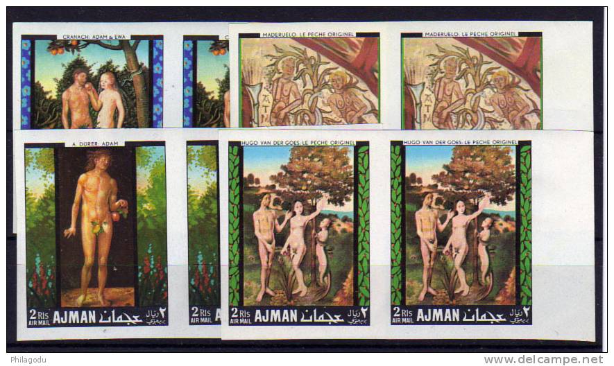 Ajman 1968, Tableaux D’Adam Et Eve  ++ Cranach Durer Van Der Goes Maderuelo  En Paires Non Dentelés  Imperforate - Religion