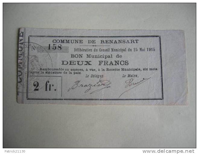 RENANSART 2F 1915    TRES RARE / SIGNATURES MANUSCRITES - Bons & Nécessité