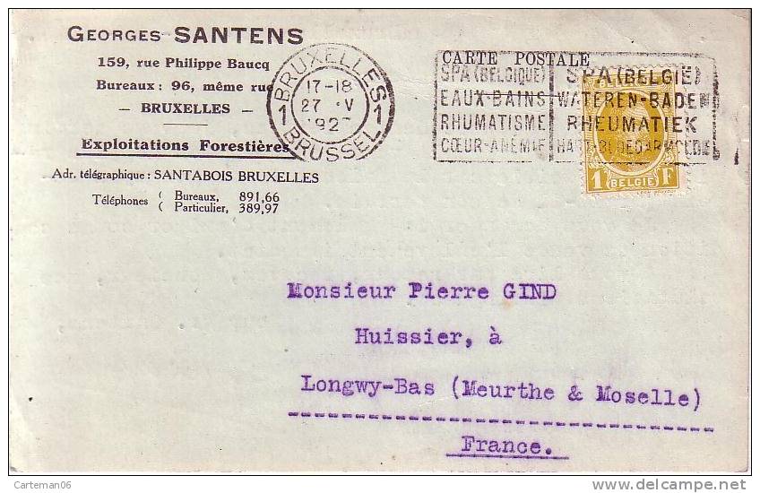 Timbre Belge Sur Carte - 1 F Houyoux Cachet De Bruxelles Pour La France - Georges Santens Exploitations Forestières - Cartas & Documentos