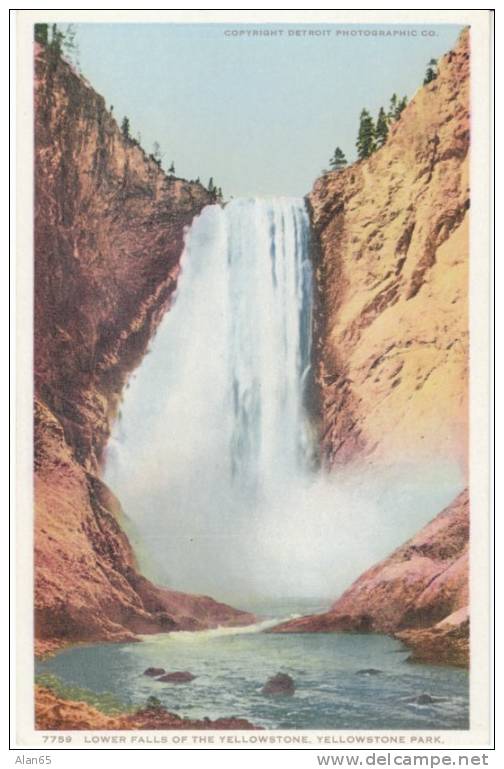 Lower Falls Of The Yellowstone River, Yellowstone Park, Detroit Photographic Co. #7759 1910s Vintage Postcard Waterfall - USA National Parks