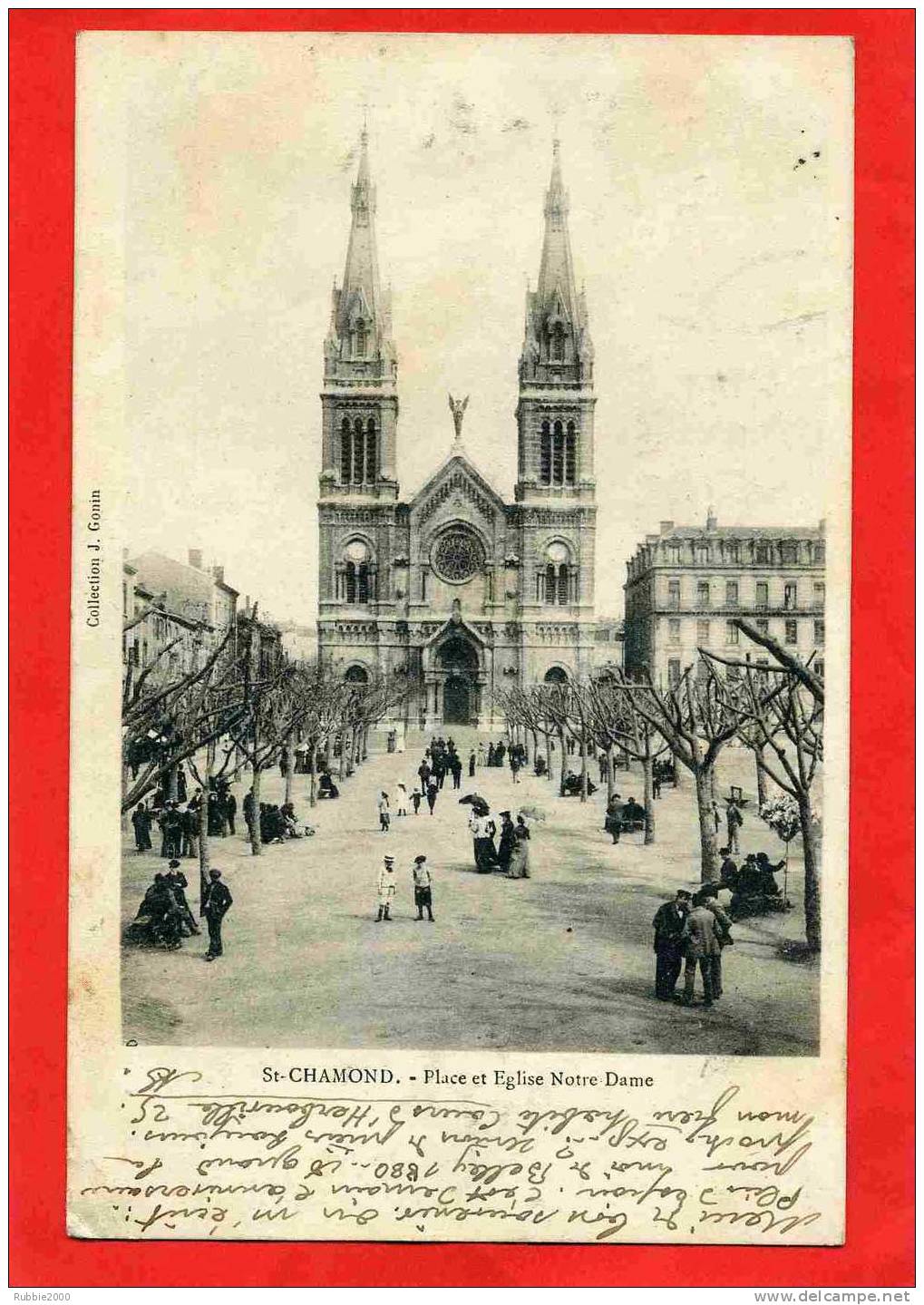 SAINT CHAMOND 1902 PLACE ET EGLISE NOTRE DAME CARTE PRECURSEUR EN BON ETAT - Saint Chamond