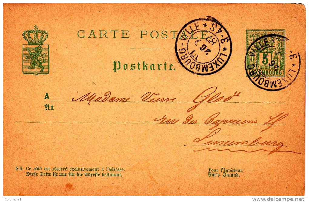 LUXEMBOURG Entier Carte Postale De Luxembourg-ville Du 26/9/1887 Via Luxemburg - Postwaardestukken