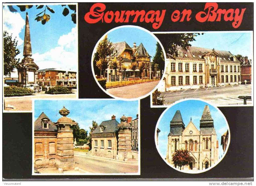 CPSM. GOURNAY EN BRAY. FONTAINE.INSTITUTION SAINT HILDEVERT.MAIRIE.PORTE PARIS....DATEE 1993 - Gournay-en-Bray