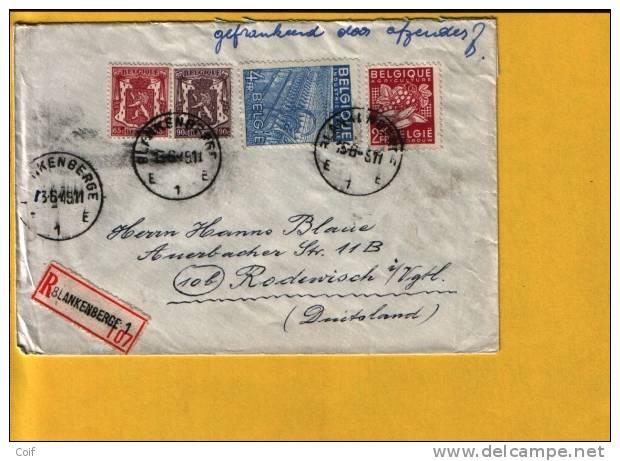 711+714+769+771op Aangetekende Brief Met Cirkelstempel BLANKENBERGE  (VK) - 1948 Exportación