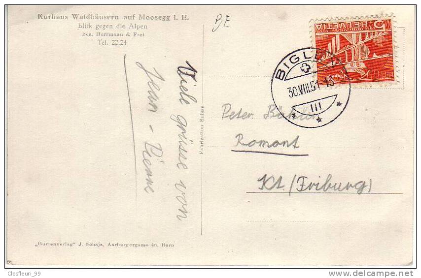 Kurhaus Waldhäusern Auf Moosegg I. E. Besitzer Herrmann & Frei, Tel 22.24 / Stempel Biglen 30.8.51 - Biglen