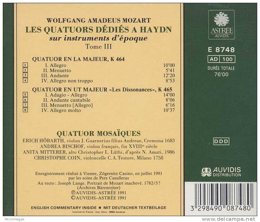 Mozart : Les Quatuors Dédiés à Haydn, Mosaïques, Vol.3 - Classique