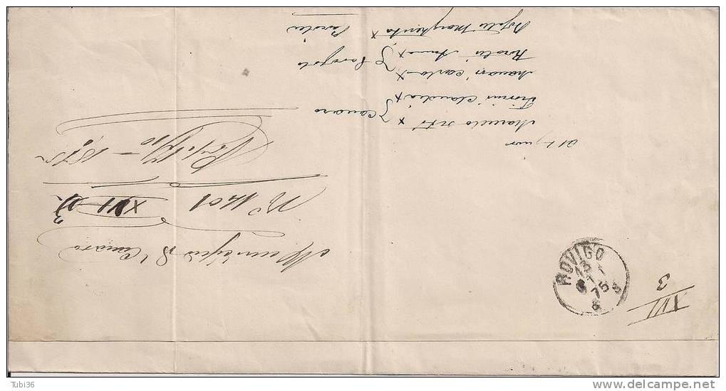 LETTERA  DA  ADRIA ROVIGO CANARO  / VIAGGIATA 18/11/ 1875 . TIMBRO TONDO ADRIA  /  ROVIGO. - Franchise