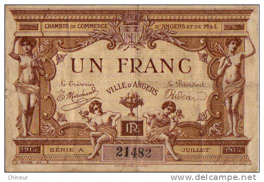 BILLET DE 1 FRANC  CHAMBRE DE COMMERCE D'ANGER 1915 - Camera Di Commercio