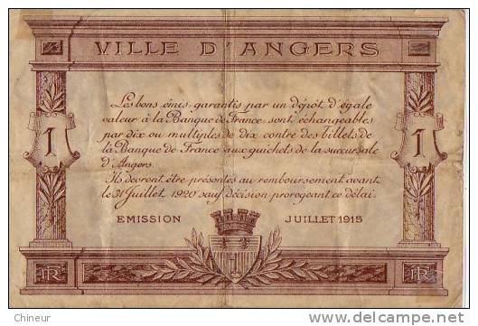 BILLET DE 1 FRANC  CHAMBRE DE COMMERCE D'ANGER 1915 - Camera Di Commercio