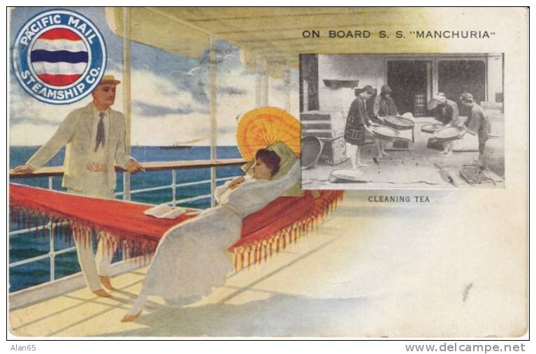 Pacific Mail Steamship Co., SS Manchuria, Cleaning Tea View On C1913 Vintage Postcard, Honolulu Flag Cancel Postmark - Piroscafi