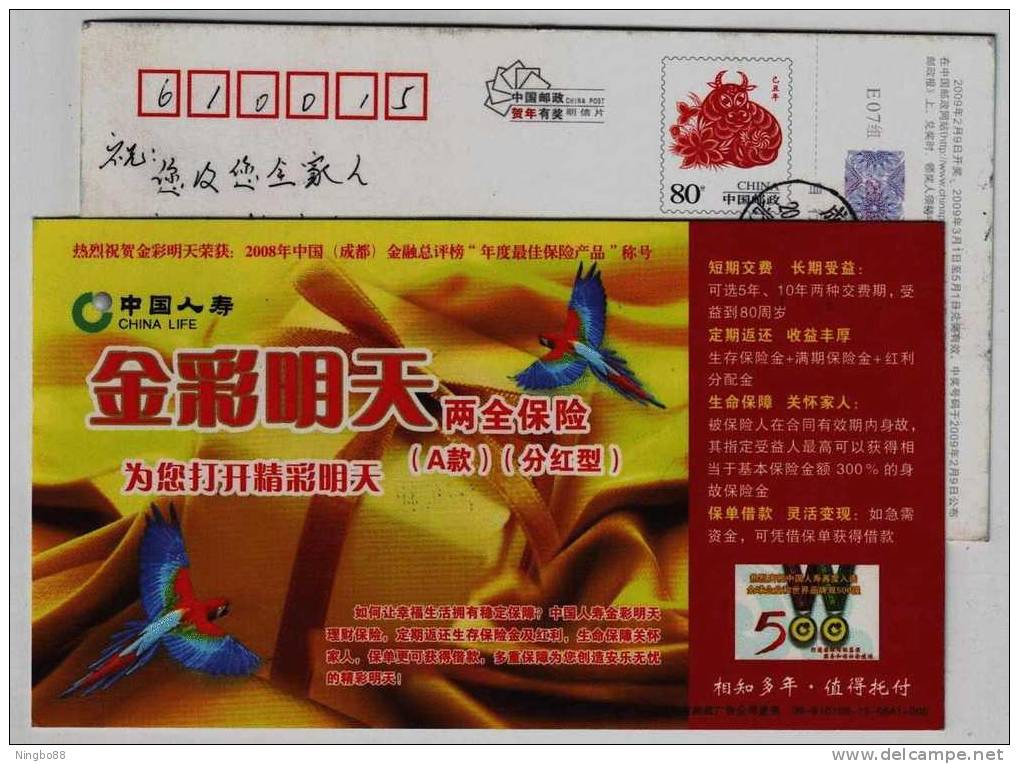 Parrot Bird,China 2009 Life Insurance Chengdu Branch Advertising Pre-stamped Card - Perroquets & Tropicaux