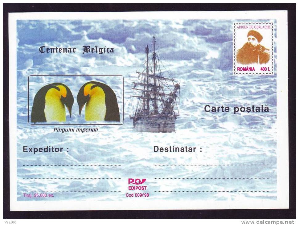 PINGOUINS 1998,BELGICA-EXPEDITION,EXPLORER;ADRIEN DE GHERLACHE,CARD ROMANIA - Pingouins & Manchots