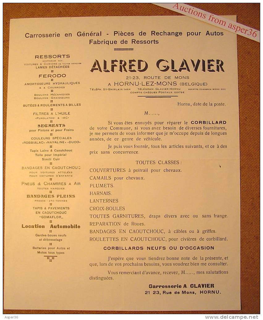 Carrosserie, Alfred Glavier, Hornu Lez Mons 1938 - Autres & Non Classés