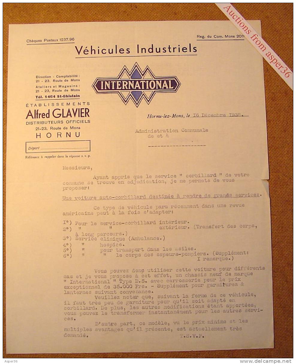 Véhicules Industriels "International" Alfred Glavier, Hornu Lez Mons 1938 - Autres & Non Classés