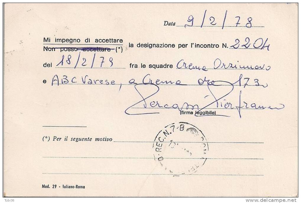 FEDERAZIONE ITALIANA PALLACANESTRO / ROMA /  CARTOLINA  ESPRESSO 1978  DI  ACCETTAZIONE  DESIGNAZIONE . - Basket-ball