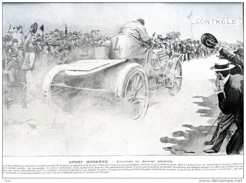 L'arrivée De La Course Automobile      Gravure      1903 - Collections