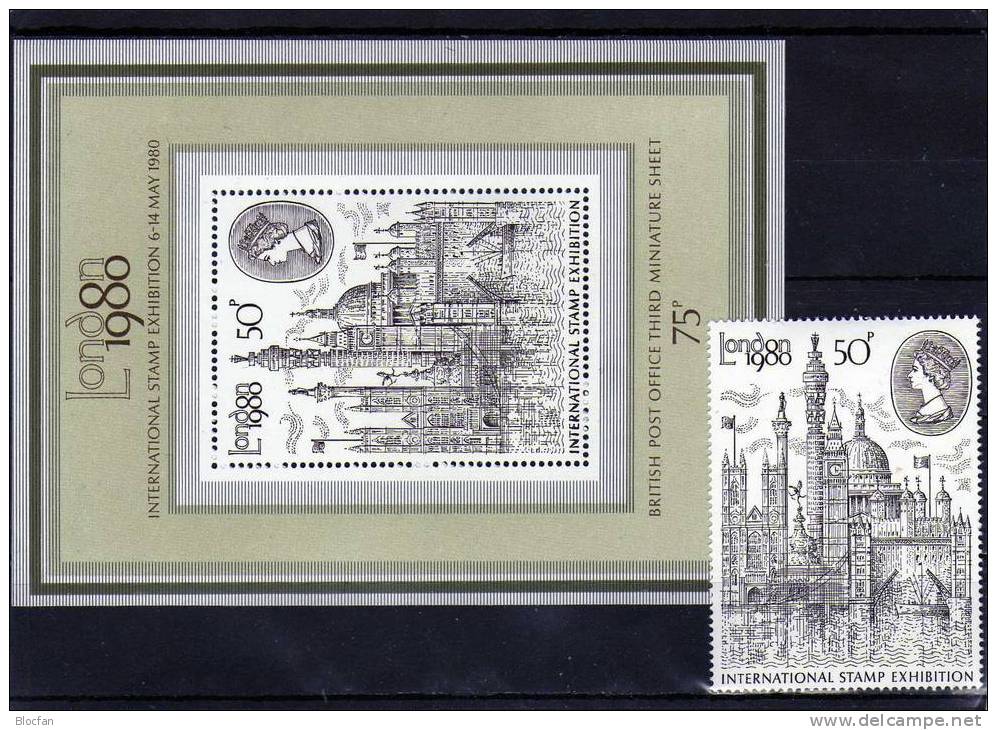 BM-Ausstellung 1980 Bauwerke In London Großbritannien 835 + Block 3 ** 4€ - Ganze Bögen & Platten