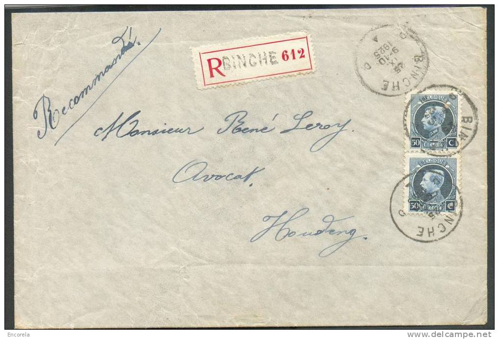 50 C. (paire) Obl. Sc BINCHE S/L. Recommandée Du 25-IX-1925 Vers Houdeng. - 4370 - 1921-1925 Small Montenez