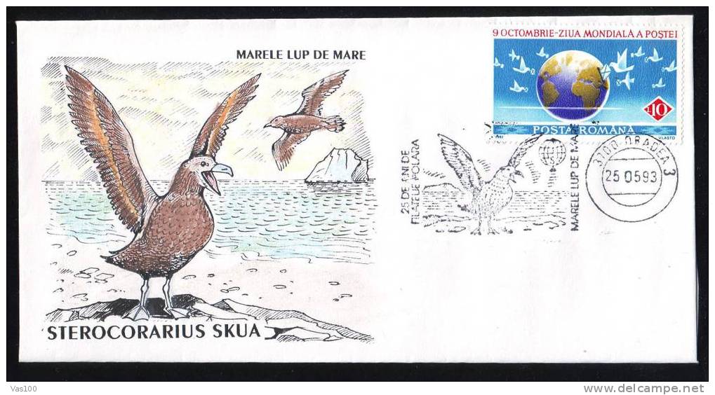 MARELE LUP DE MARE,"STEROCORARIUS  SKUA"  POLAR FAUNA 1993 PMK ON COVER ORADEA ! - Marine Web-footed Birds