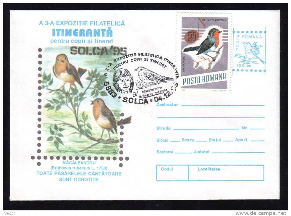 BIRDS - Erithacus Rubecula PMK,COVER STATIONERY & STAMPS 1995 ROMANIA. - Cernícalo