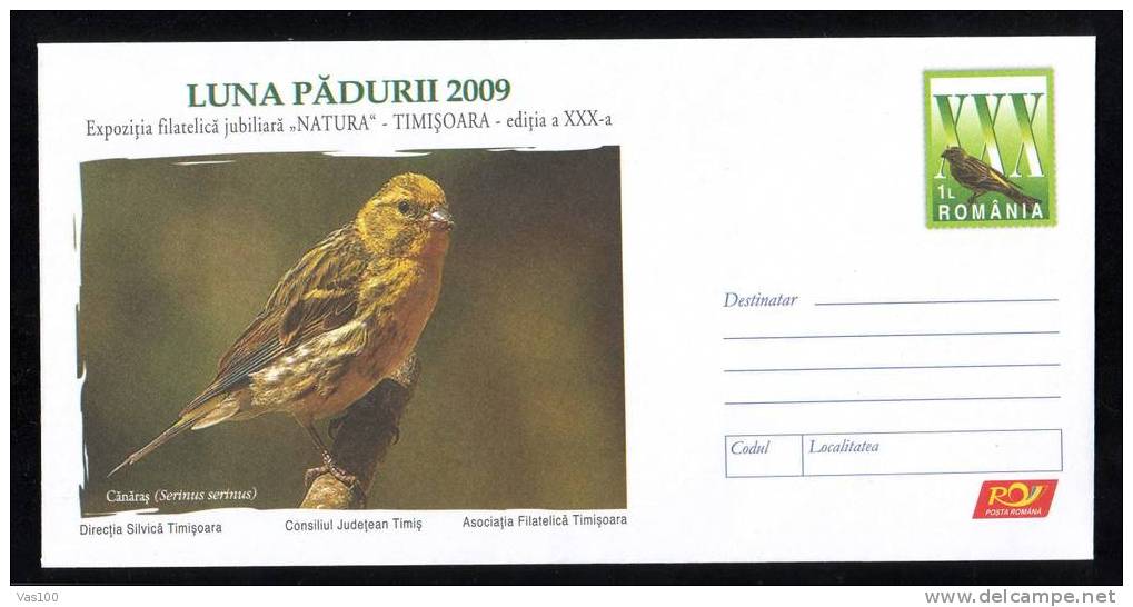 SERINUS SERINUS BIRD,COVER STATIONERY 2009,ROMANIA. - Meeuwen