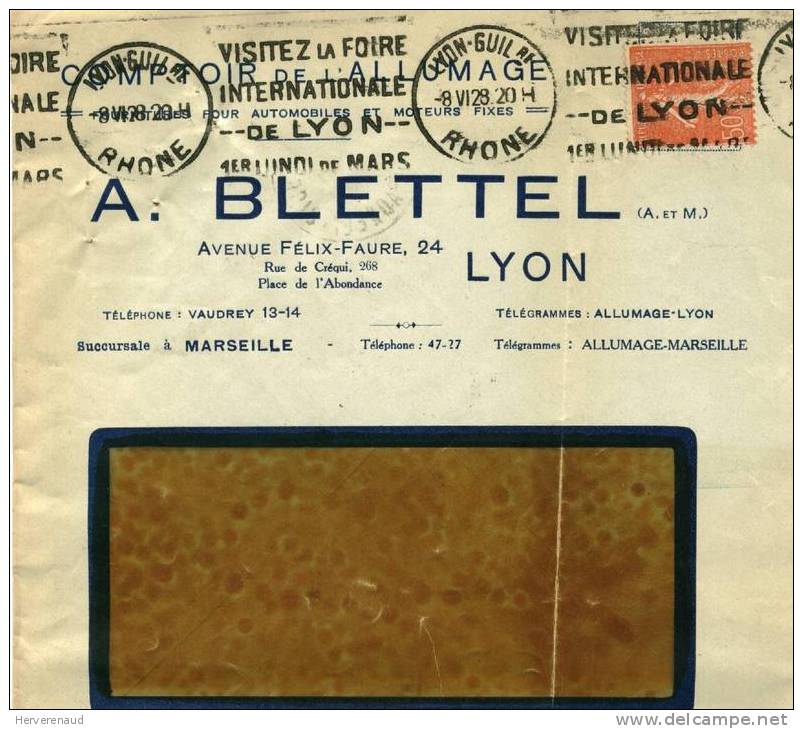 Semeuse 199 Sur Lettre Des  Ets Blettel ,  Pour Chalon-sur-Saône + Flamme "foire De Lyon" - 1903-60 Säerin, Untergrund Schraffiert