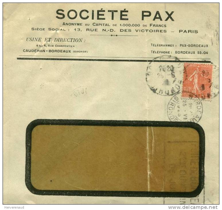 Semeuse 199 Sur Lettre Des  Ets Pax à Caudéran-Bordeaux ,  Pour Chalon-sur-Saône - 1903-60 Sower - Ligned