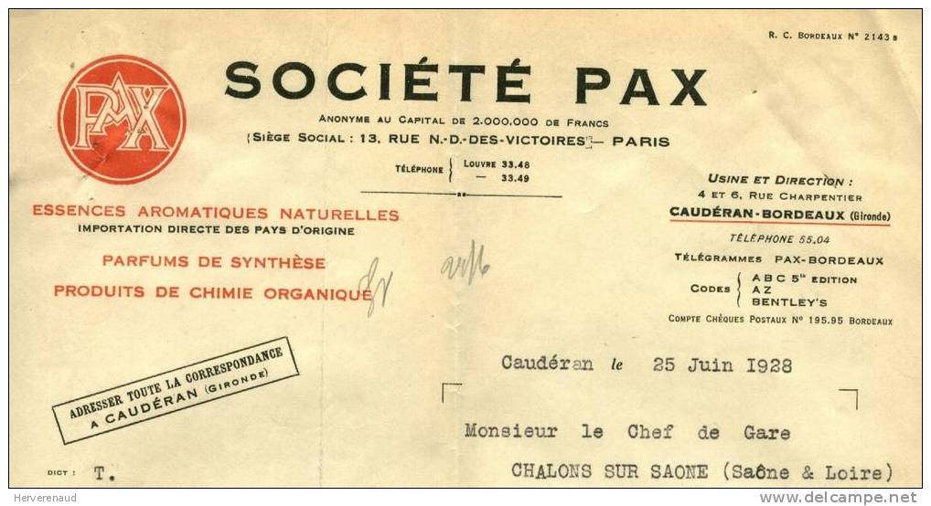 Semeuse 199 Sur Lettre Des  Ets Pax à Caudéran-Bordeaux ,  Pour Chalon-sur-Saône - 1903-60 Semeuse Lignée