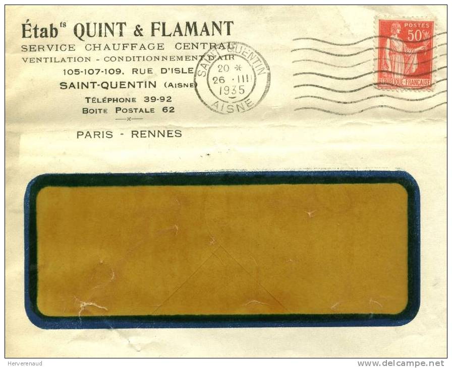 Paix 283 Sur Lettre Des  Ets Quint & Flamant à St Quentin ,  Pour Chalon-sur-Saône - 1932-39 Paz