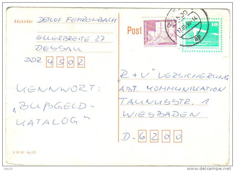 Allemagne  Entier Carte Postale République Démocratique ,oblitérée 1990 - Cartes Postales - Oblitérées