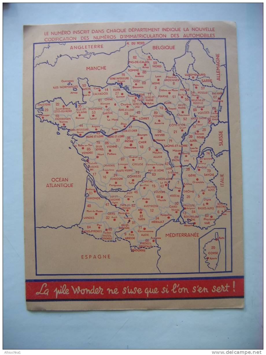 PROTEGE-CAHIER-RECLAME-PI LE  WONDER S'USE QUE SI L'ON S'EN SERT+CARTE FRANCE N° IMMATRICULATION CODIFICATION AUTOMOBILE - Protège-cahiers