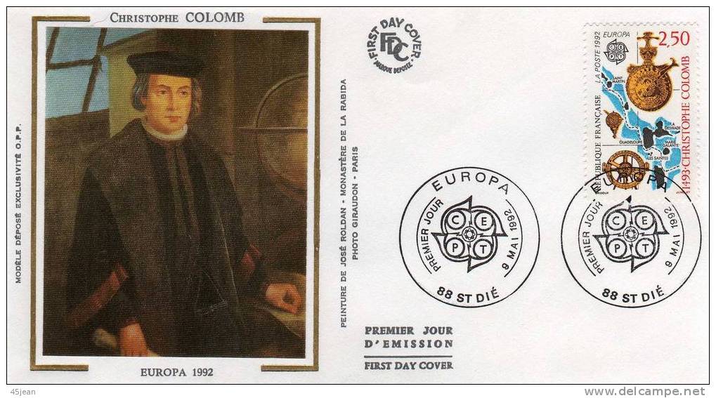 France: 1992 Fdc Sur Soie Europa, Christophe Colomb - 1992