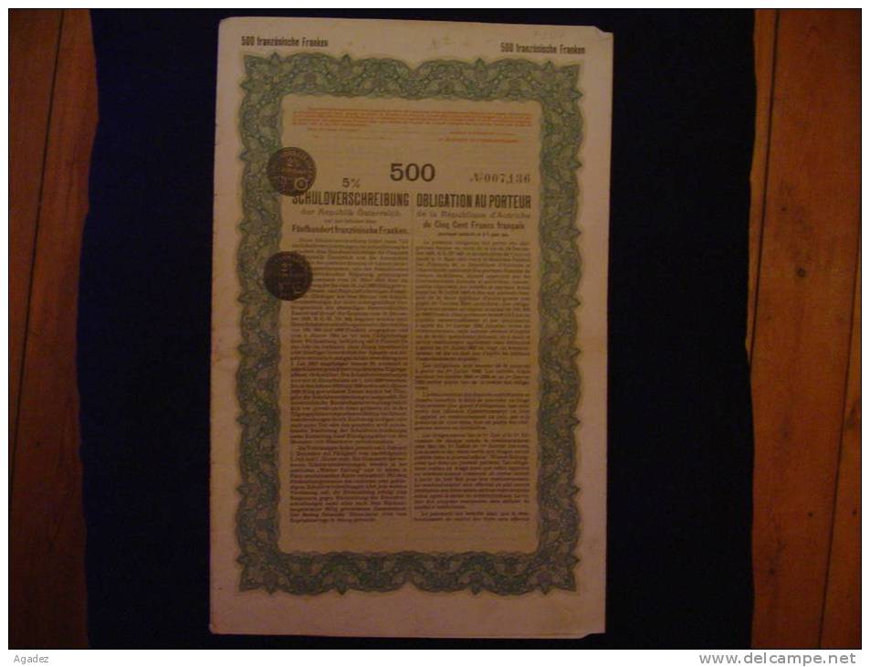 Obligation  Au Porteur De La Republique D'Autriche De 500 Francs Français Vienne Austria 1926 - Banque & Assurance