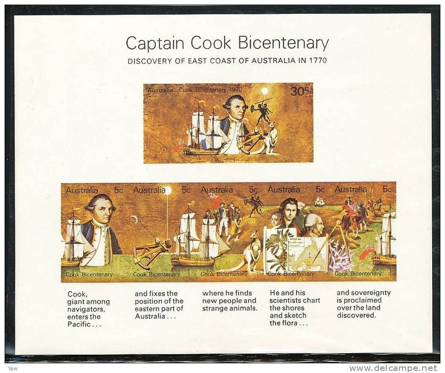 AUSTRALIA  1970 CAPTAIN COOK BICENTENARY: FOLDER CON BF NON DENTELLATO, + SERIE COMPLETA MNH** - Blokken & Velletjes