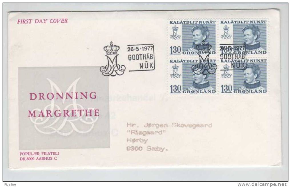 Greenland FDC Block Of-4 Queen Margrethe 26-5-1977 With Cachet And Sent To Denmark - Sonstige & Ohne Zuordnung