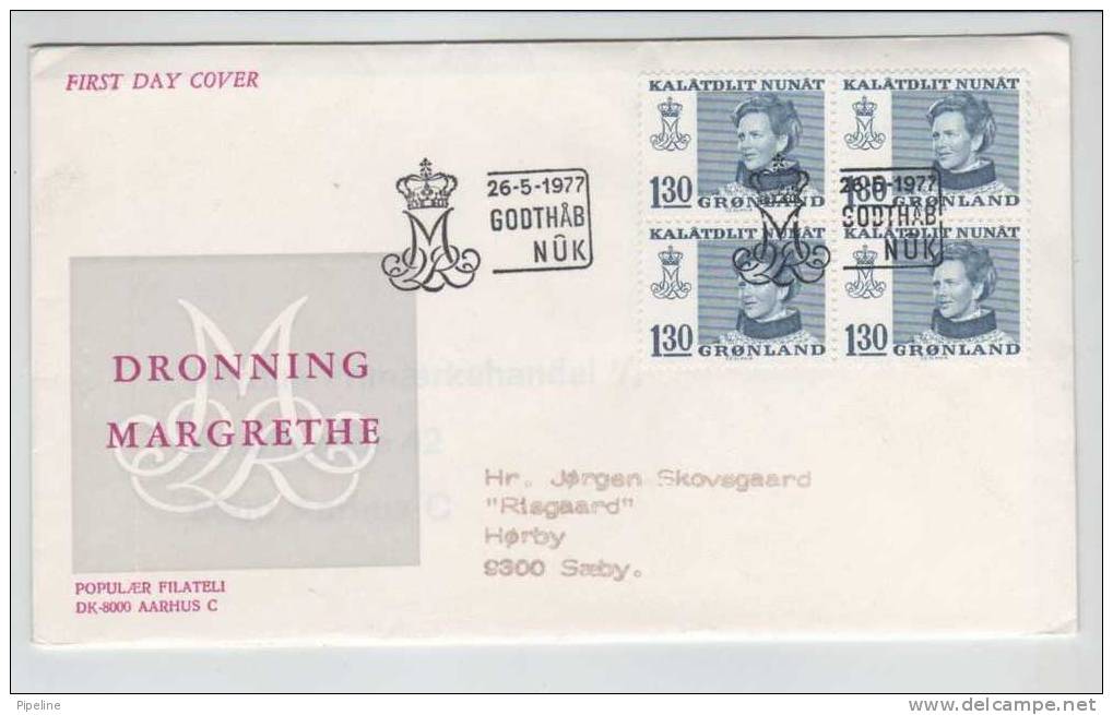 Greenland FDC Block Of-4 Queen Margrethe 26-5-1977 With Cachet And Sent To Denmark - Autres & Non Classés