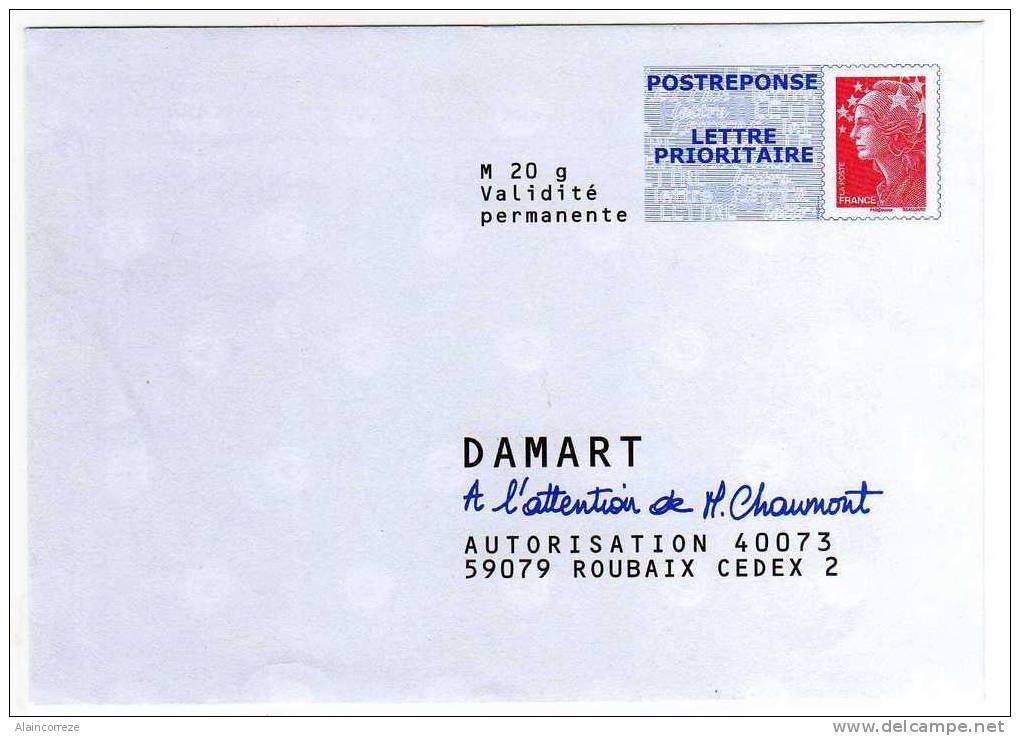 Entier Postal PAP Réponse Nord Roubaix DAMART Autorisation 40073 N° Au Dos: 08P478 Marianne De Beaujard - PAP: Antwort/Beaujard